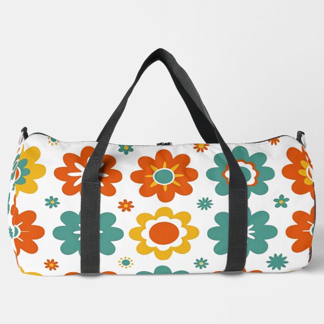 Retro 70s Geometric Flower Power Boho Duffle Bag (Front)