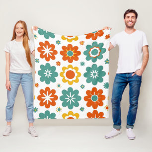 Retro 70s Geometric Flower Power Boho Fleece Blanket
