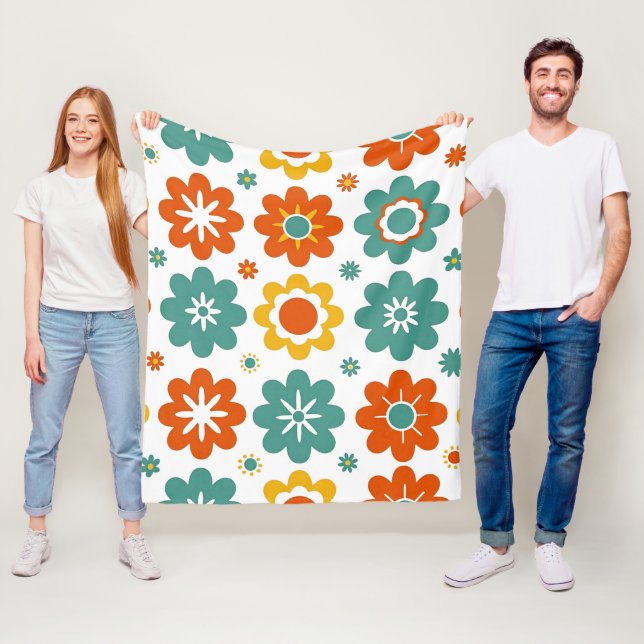 Retro 70s Geometric Flower Power Boho Fleece Blanket (In Situ)