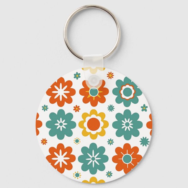 Retro 70s Geometric Flower Power Boho Key Ring (Front)