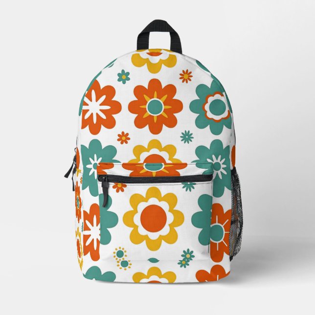 Retro 70s Geometric Flower Power Boho Printed Backpack (Front)