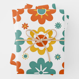Retro 70s Geometric Flower Power Boho Wrapping Paper Sheet