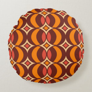 Retro 70s Geometric Globe Pattern Autumn Round Cushion