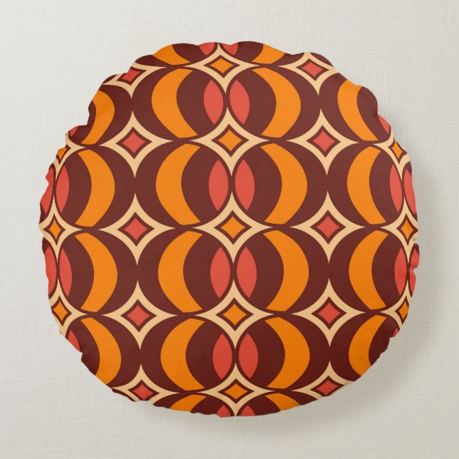 Retro 70s Geometric Globe Pattern Autumn Round Cushion (Front)