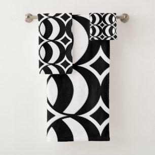 Retro 70s Geometric Globe Pattern Black & White Bath Towel Set
