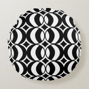 Retro 70s Geometric Globe Pattern Black & White Round Cushion