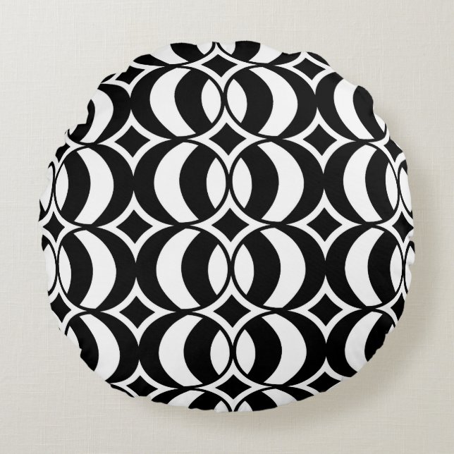 Retro 70s Geometric Globe Pattern Black & White Round Cushion (Front)