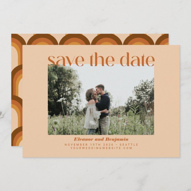 Retro 70s Geometric Terracotta Tan Photo Wedding Save The Date (Front/Back)