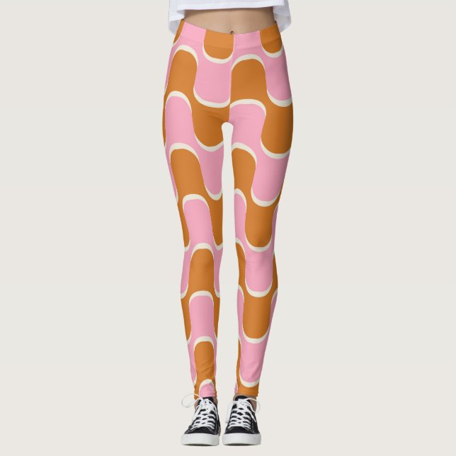 Retro 70s: Gold-Pink Wavy Pattern. Leggings (Front)