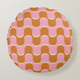 Retro 70s: Gold-Pink Wavy Pattern. Round Cushion
