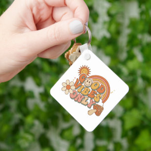 Retro 70s Good Vibes Only Groovy Smiley Face Rain Key Ring