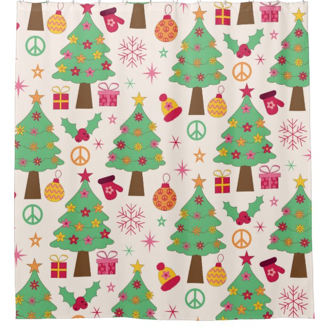 Retro 70s Groovy Christmas Trees Pattern  Shower Curtain (Front)