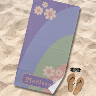 Retro 70s Groovy Daisy Custom Name Beach Towel