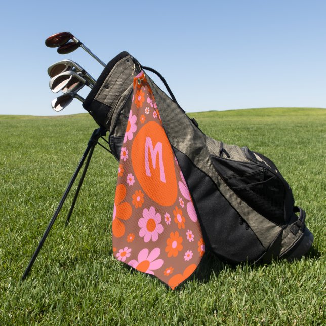 Retro 70s Groovy Daisy Orange Pink Golf Towel (Green)