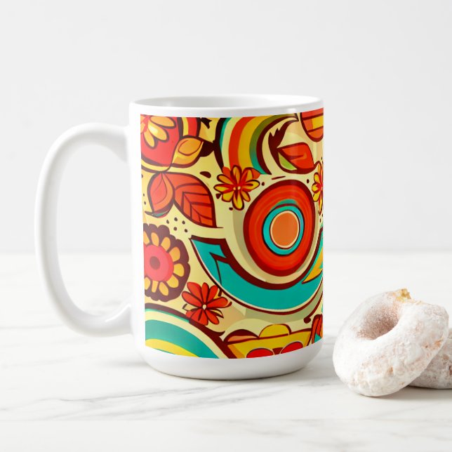 Retro 70s Groovy Fall Autumn Elements Pattern Coffee Mug (With Donut)
