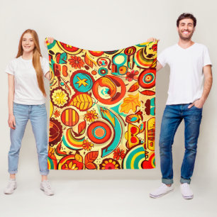 Retro 70s Groovy Fall Autumn Elements Pattern Fleece Blanket