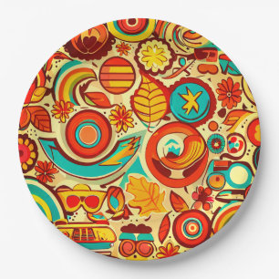 Retro 70s Groovy Fall Autumn Elements Pattern  Paper Plate