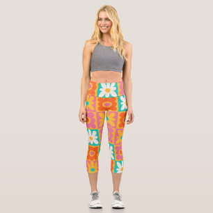 Retro 70s Groovy Floral Chequerboard Colourful Capri Leggings