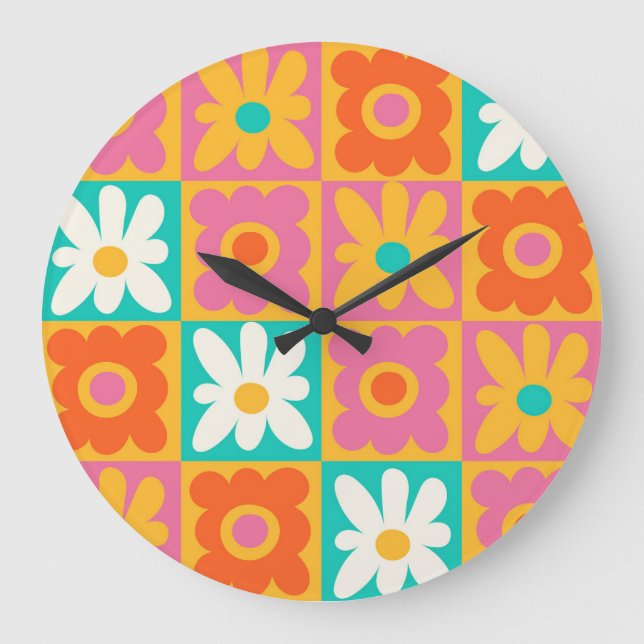 Retro 70s Groovy Floral Chequerboard Colourful Large Clock (Front)