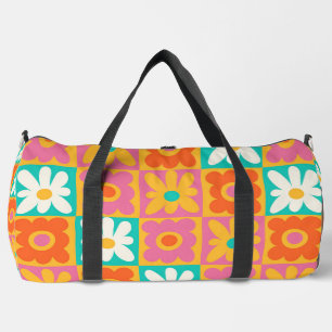Retro 70s Groovy Floral Chequerboard Colourful Pat Duffle Bag