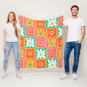 Retro 70s Groovy Floral Chequerboard Colourful Pat Fleece Blanket
