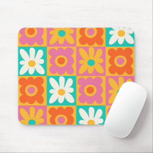 Retro 70s Groovy Floral Chequerboard Colourful Pat Mouse Pad