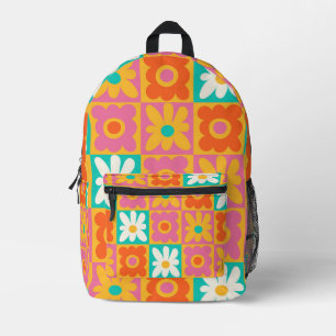 Retro 70s Groovy Floral Chequerboard Colourful Pat Printed Backpack