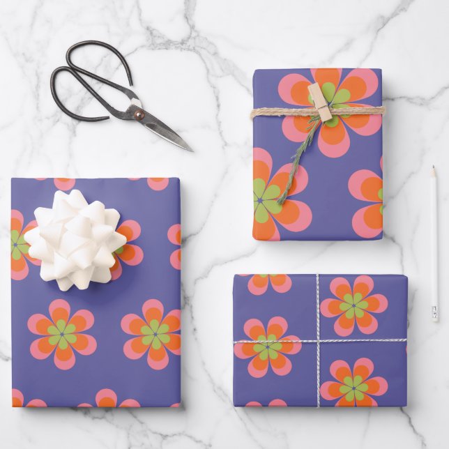 Retro 70s Groovy Flower Pattern in Purple Wrapping Paper Sheet (Front)