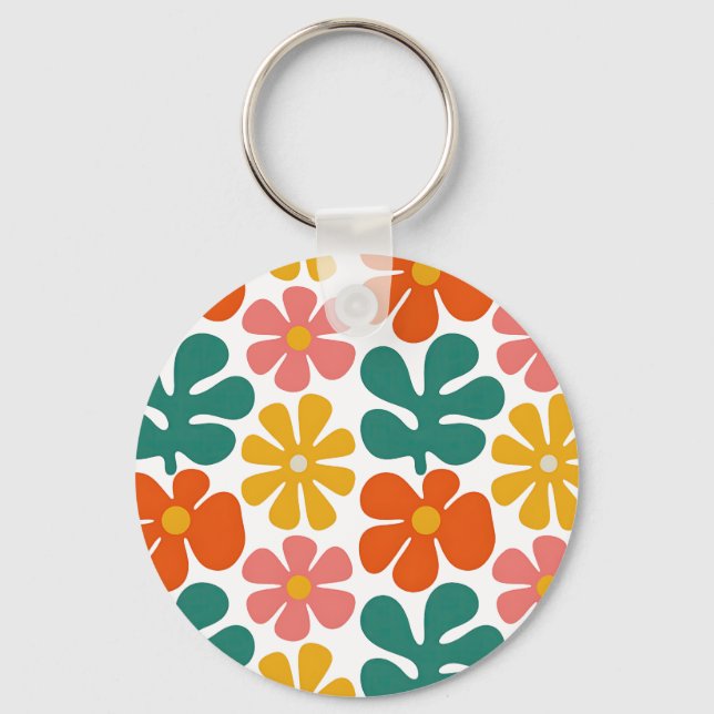 Retro 70s Groovy Folk Art Floral Pattern Key Ring (Front)