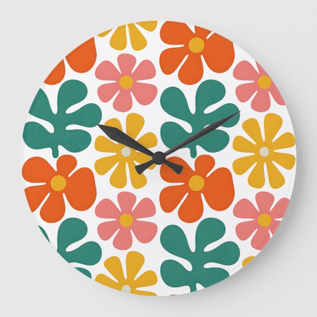 Retro 70s Groovy Folk Art Floral Pattern Large Clock (Front)