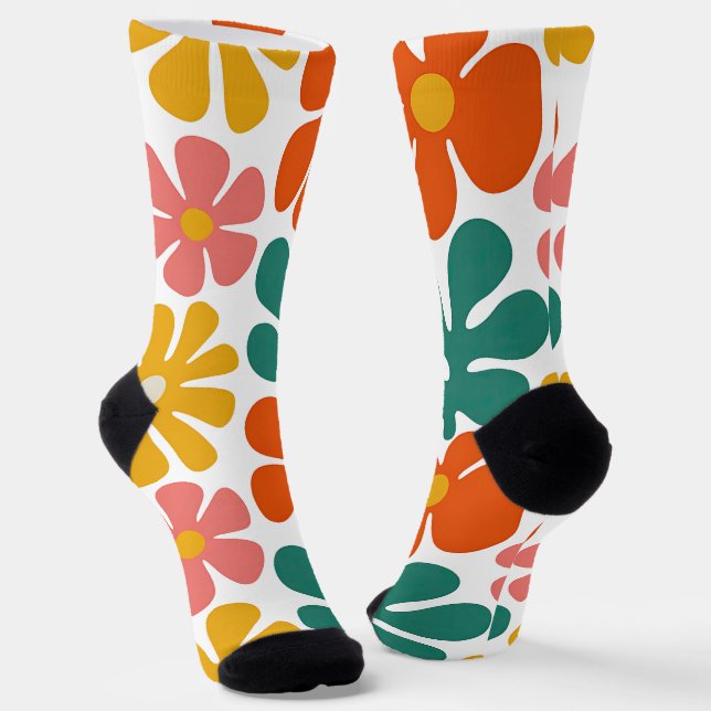 Retro 70s Groovy Folk Art Floral Pattern Socks (Angled)