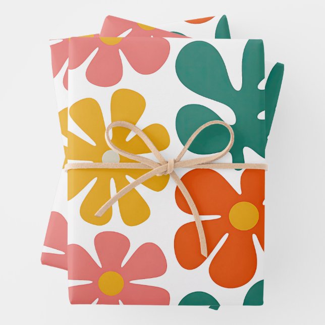 Retro 70s Groovy Folk Art Floral Pattern Wrapping Paper Sheet (In situ)