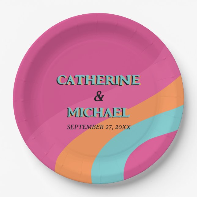 Retro 70s Groovy Fuchsia Fun Wedding Paper Plate (Front)