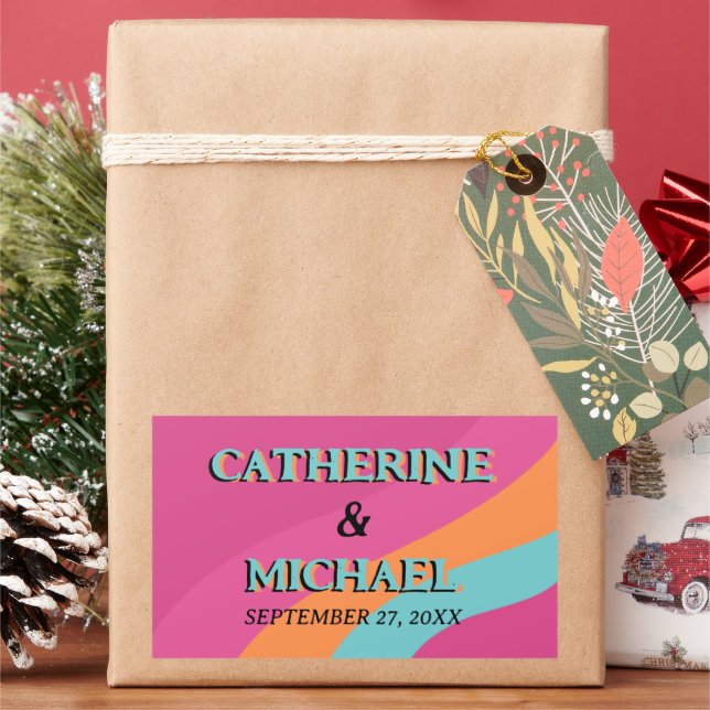 Retro 70s Groovy Fuchsia Fun Wedding Rectangular Sticker (Holiday)