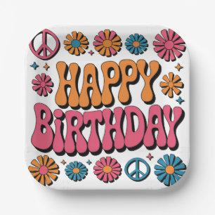 Retro 70s Groovy Happy Birthday Greeting Paper Plate