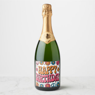 Retro 70s Groovy Happy Birthday Greeting Sparkling Wine Label