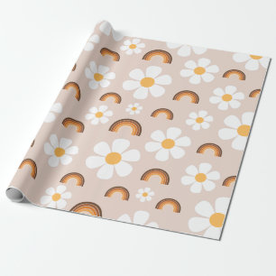 Retro 70s Groovy Hippie Daisy & Terracotta Rainbow Wrapping Paper