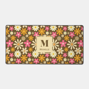 Retro 70s Groovy Hippie Flower Monogram  Desk Mat