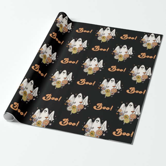 Retro 70s Groovy Hippie Ghost & Boo Halloween Fun  Wrapping Paper (Unrolled)