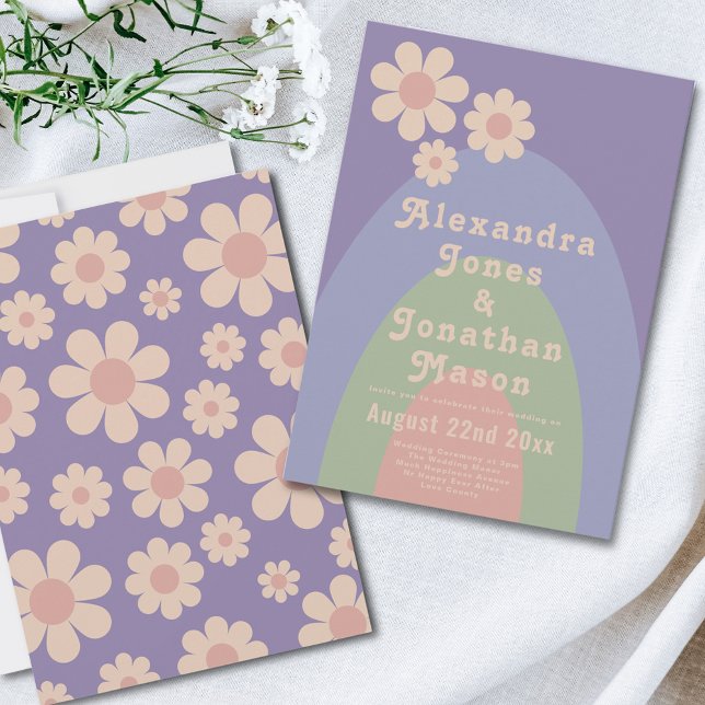 Retro 70s Groovy Pastel Colours Wedding Invitation (Retro 70s vintage daisy arch pastel wedding invitation )