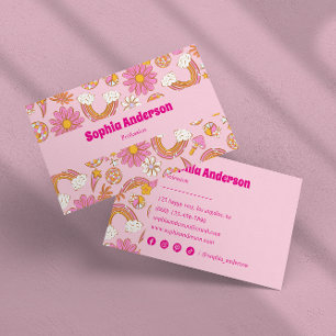 Retro 70s Groovy Pink Floral & Rainbow Funky Business Card