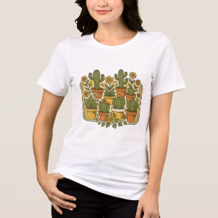 Retro 70s Groovy Potted Cactus and Flowers Badge Tri-Blend Shirt