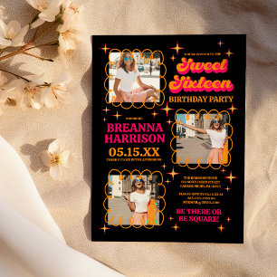 Retro 70's Groovy Typography Sweet Sixteen Invitation