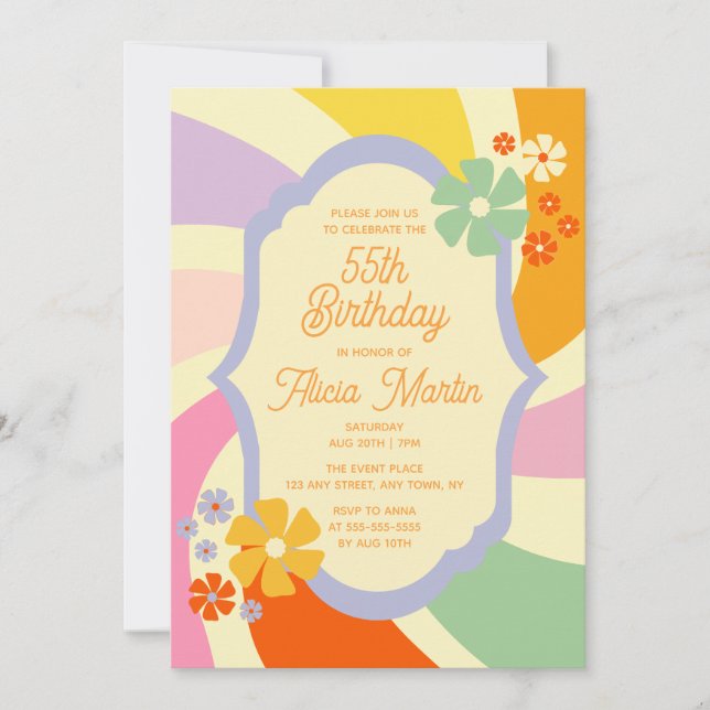 Retro 70s Groovy Wave Flower 55th Birthday Invitation (Front)