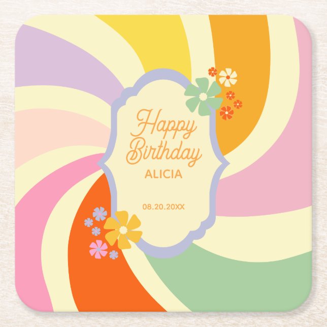 Retro 70s Groovy Wave Flower Happy Birthday Square Paper Coaster (Front)