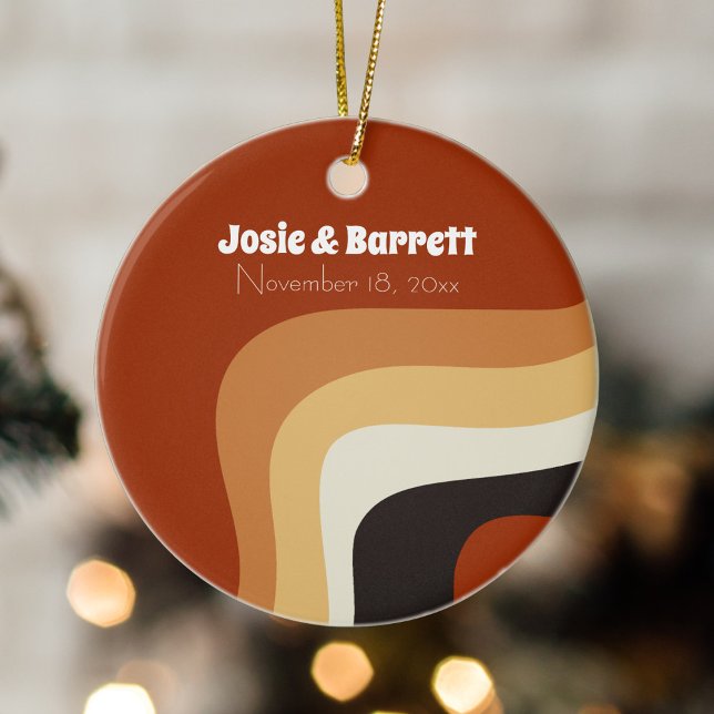 Retro 70s Groovy Wedding Couple Photo Christmas Ceramic Ornament (Creator Uploaded)