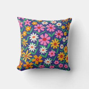 Retro 70s Hippie Flowers on Navy Blue  Cushion