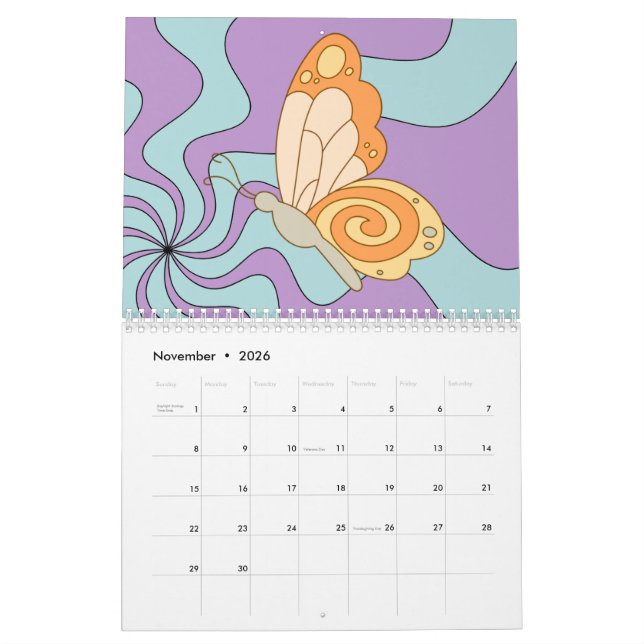 Retro 70s Hippie Groovy Wave Butterfly Calendar (Nov 2026)