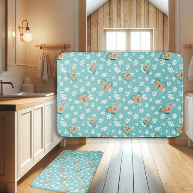 RETRO 70s Hippy Daisy Mod Butterfly Aqua Blue Dorm Bath Mat (Creator Uploaded)