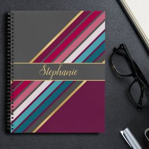 Retro 70s Inspired Grey and Purple Stripes Notebook